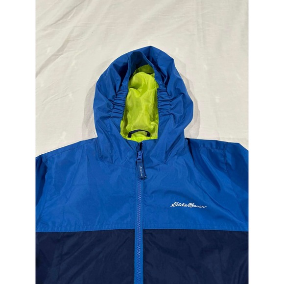 Eddie Bauer Kids Hooded Rain Jacket Blue Navy Green Size S 7 8 Lightweight - Picture 7 of 13